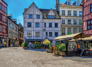 cozy street with timber framing houses in rouen, normandy, franc